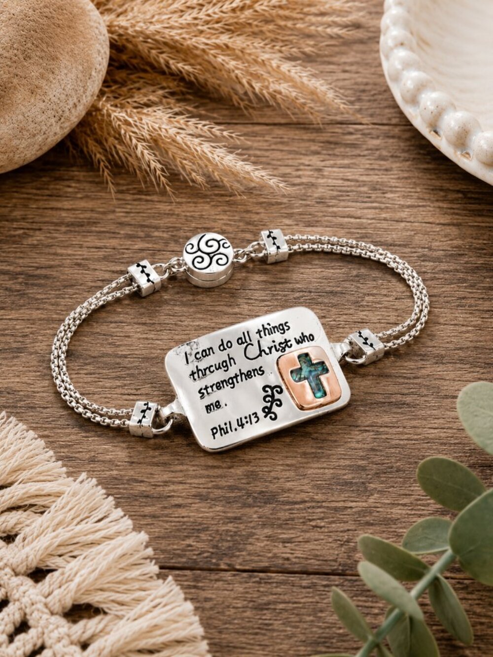 Philippians 4:13 Christian Faith Bracelet Silver Tone Cross Inspirational